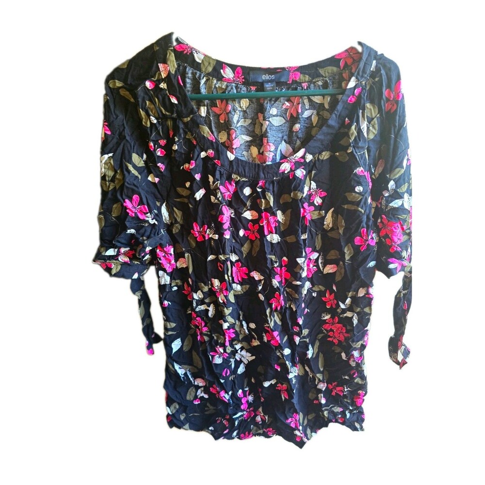 Ellos Womens Plus 18 Black Floral Scoop Neck 3/4 Sleeve Pullover Tie Blouse